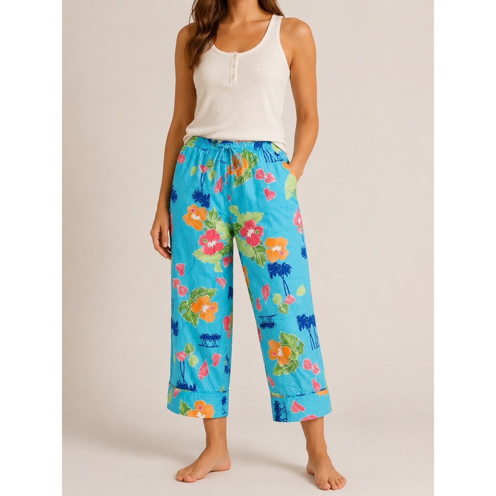 Sleep Sense Womens Tropical Hibiscus Palm Tree Pajama Pants Blue Cotton Large